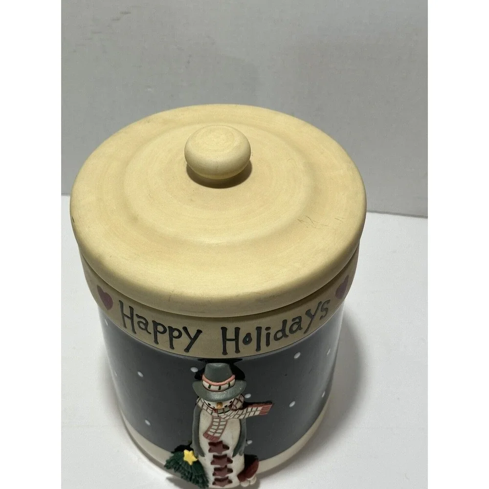 Happy Holidays Snowman Ceramic Canister Navy‎ Blue Christmas Cookie Jar 8.5in